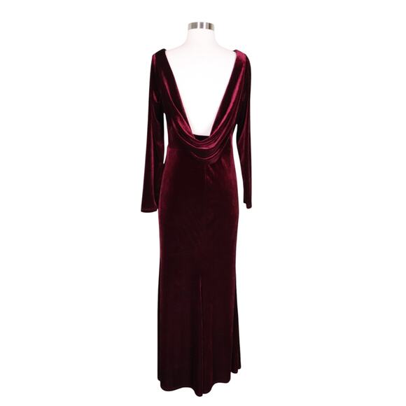 Rebecca B Womens Red Velvet Maxi Dress Size 12 Elegant Open Drape Back Leg Slit - Picture 3 of 13